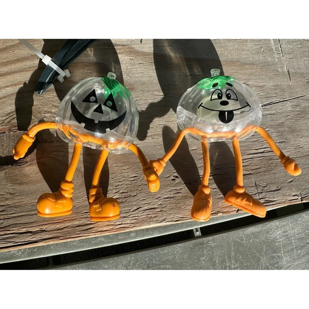 2 Vintage‎ Halloween Pumpkin Candy Holder Bendy Legs Clear Head Bendy Figures